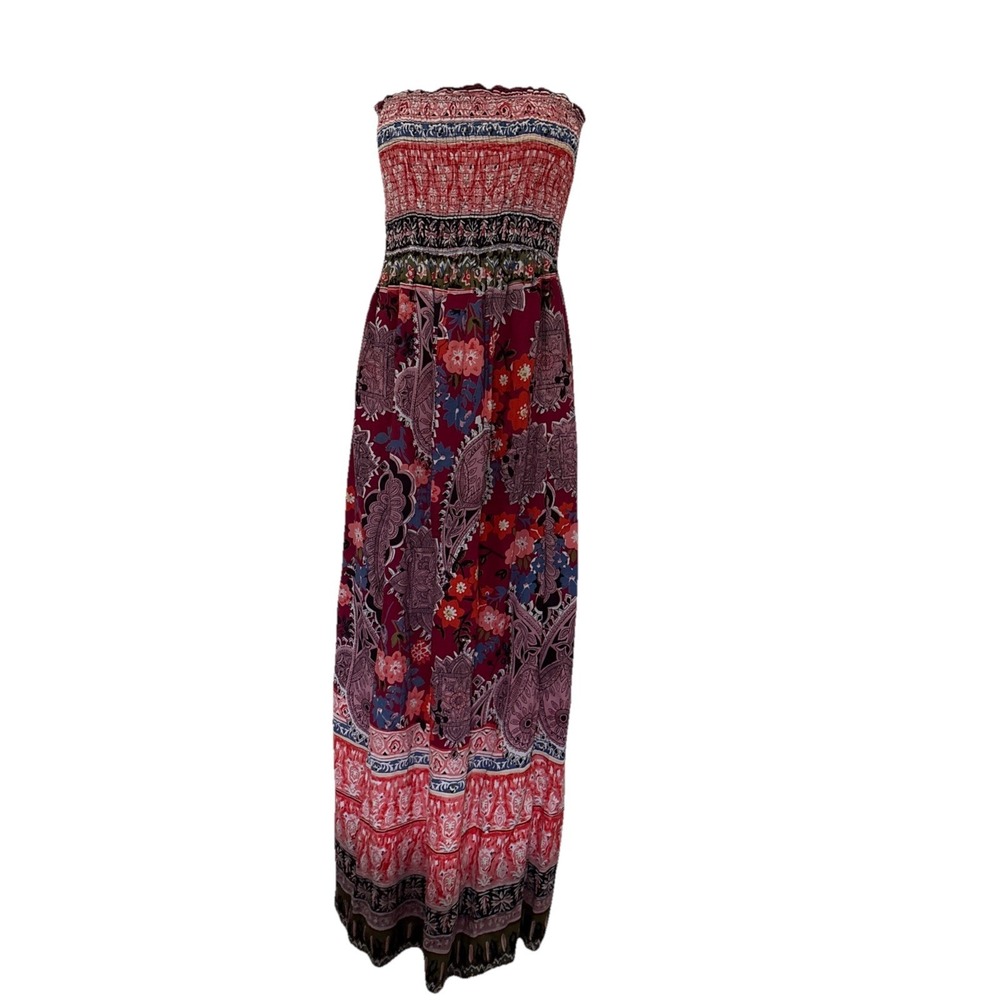 Angie Multicolor Smocked Maxi Dress M Strapless Sleeveless 100% rayon boho New
